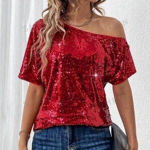 Red Sequin Off-Shoulder Top